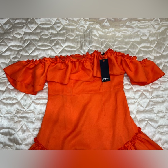 Nasty Gal Off The Shoulder Drop Frill Hem Swing Flowy Dress Size 4 US Orange - Picture 4 of 14
